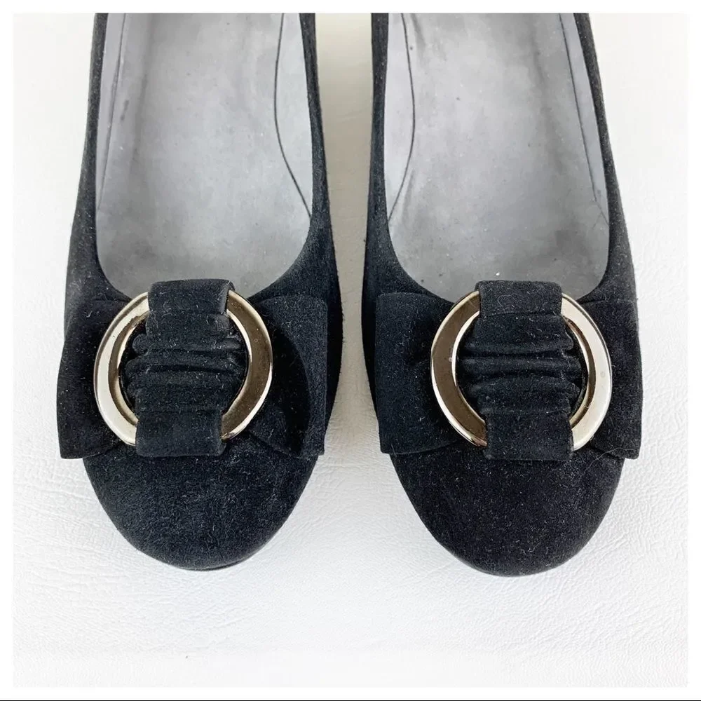 Stuart‎ Weitzman Caring Black Suede Low Wedge Silver Ring Accent 8.5
